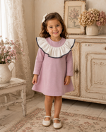 Noah Dress -  White & Navy Frill Long Sleeve